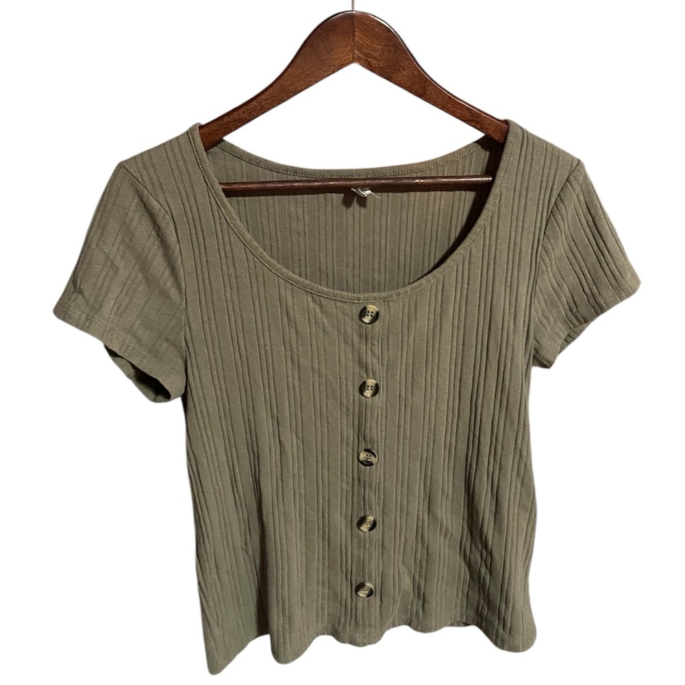 Mudd Green Ribbed Button-Down Top Size XL | Casual Stretchy Tee